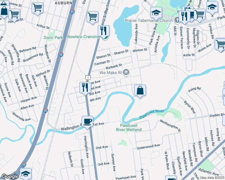 map of restaurants, bars, coffee shops, grocery stores, and more near 55 1st Avenue in Warwick