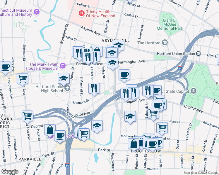 map of restaurants, bars, coffee shops, grocery stores, and more near 35 Hawthorn Street in Hartford