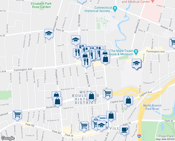 map of restaurants, bars, coffee shops, grocery stores, and more near 229 South Whitney Street in Hartford