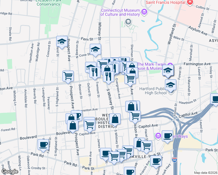 map of restaurants, bars, coffee shops, grocery stores, and more near 229 South Whitney Street in Hartford