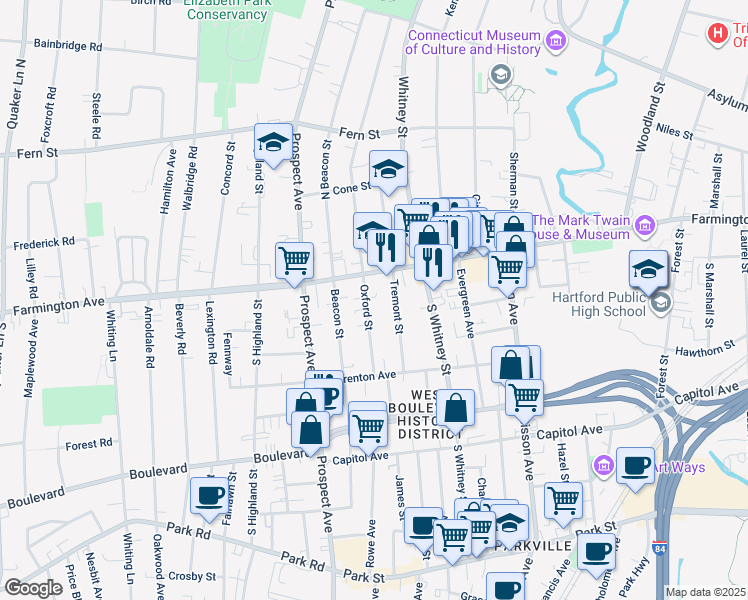 map of restaurants, bars, coffee shops, grocery stores, and more near 63 Tremont Street in Hartford