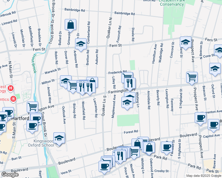 map of restaurants, bars, coffee shops, grocery stores, and more near 787 Farmington Avenue in West Hartford