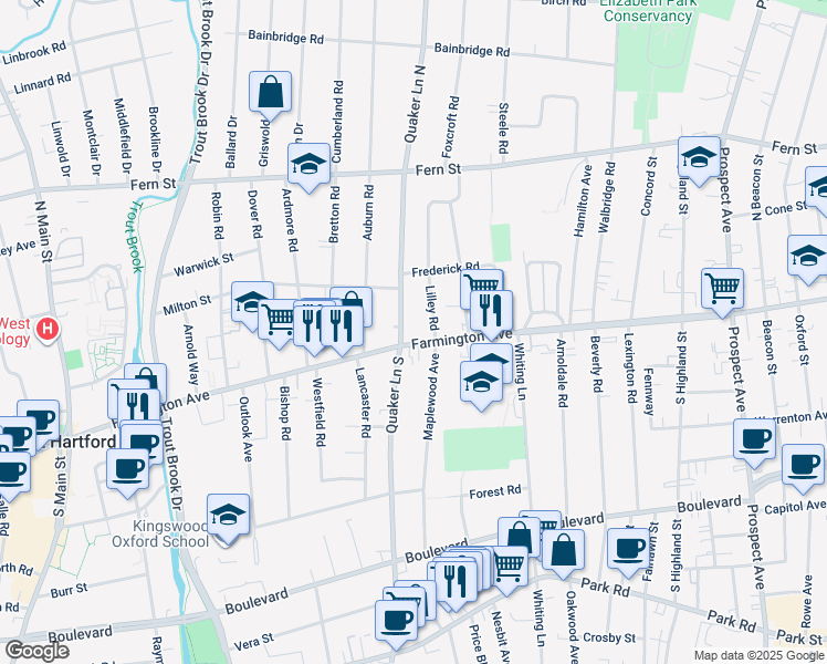 map of restaurants, bars, coffee shops, grocery stores, and more near in West Hartford