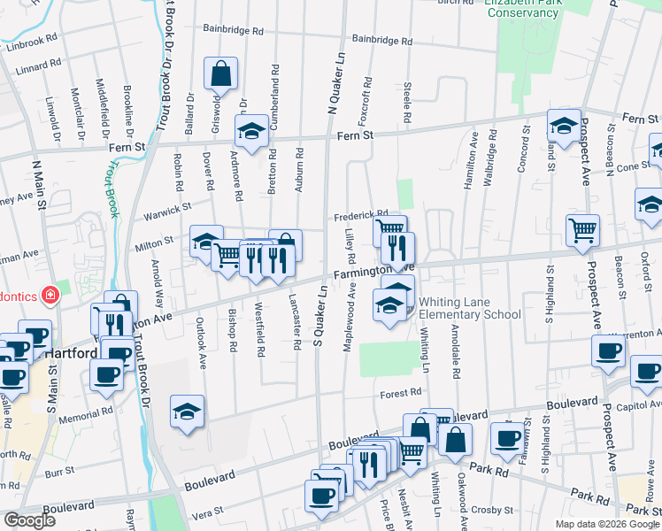 map of restaurants, bars, coffee shops, grocery stores, and more near in West Hartford