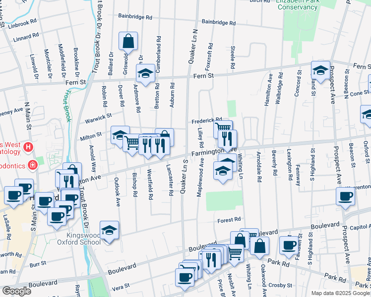map of restaurants, bars, coffee shops, grocery stores, and more near in West Hartford