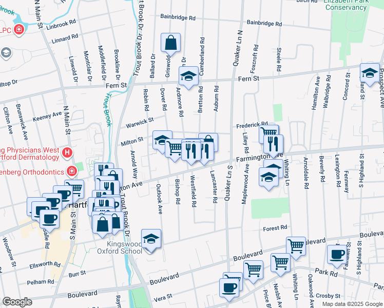 map of restaurants, bars, coffee shops, grocery stores, and more near 842 Farmington Avenue in West Hartford