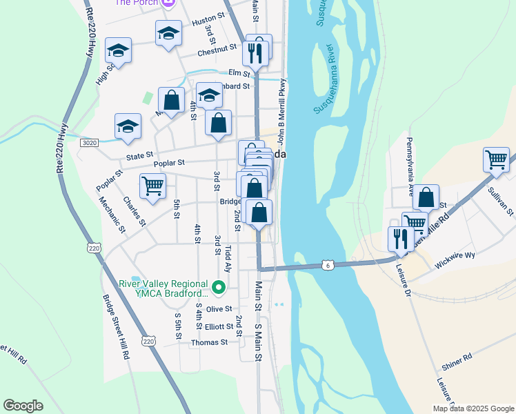 map of restaurants, bars, coffee shops, grocery stores, and more near 524 Main Street in Towanda