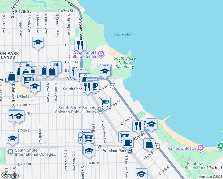 map of restaurants, bars, coffee shops, grocery stores, and more near 7233 South Coles Avenue in Chicago