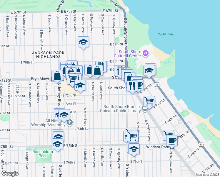 map of restaurants, bars, coffee shops, grocery stores, and more near 7157 South Crandon Avenue in Chicago