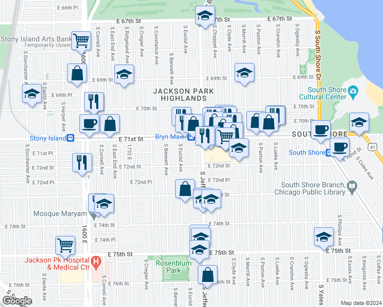 map of restaurants, bars, coffee shops, grocery stores, and more near 7153 South Euclid Avenue in Chicago