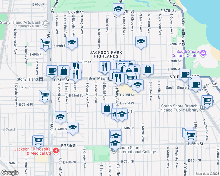 map of restaurants, bars, coffee shops, grocery stores, and more near 7153 South Euclid Avenue in Chicago