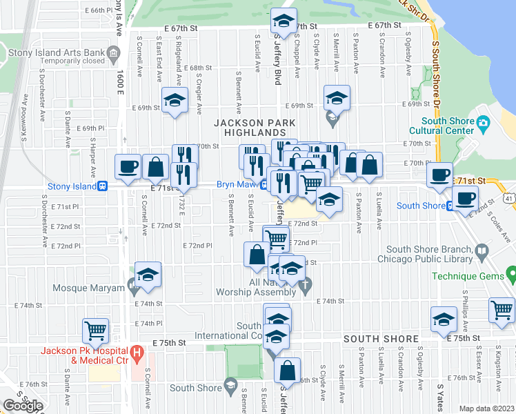 map of restaurants, bars, coffee shops, grocery stores, and more near 7153 South Euclid Avenue in Chicago