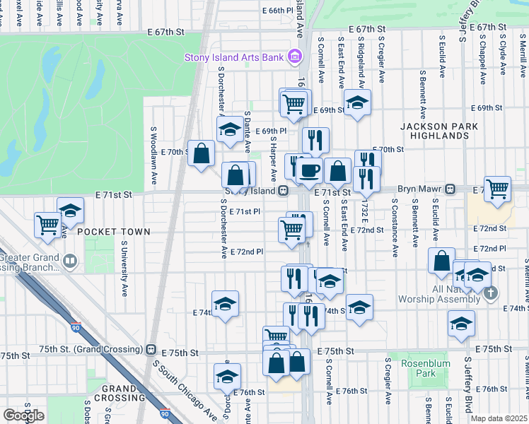 map of restaurants, bars, coffee shops, grocery stores, and more near 1510 East 72nd Street in Chicago