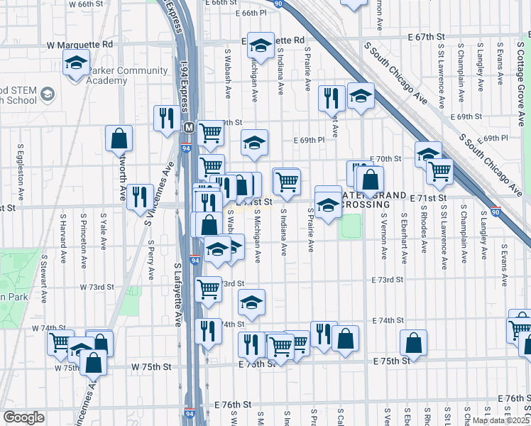 map of restaurants, bars, coffee shops, grocery stores, and more near 7135 South Michigan Avenue in Chicago