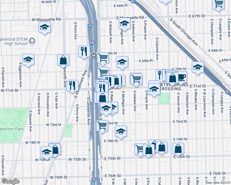 map of restaurants, bars, coffee shops, grocery stores, and more near 7134 South Michigan Avenue in Chicago