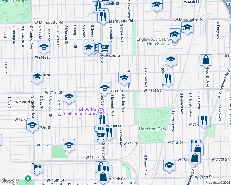 map of restaurants, bars, coffee shops, grocery stores, and more near 7124 South Union Avenue in Chicago