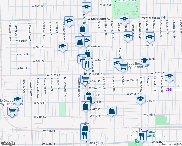 map of restaurants, bars, coffee shops, grocery stores, and more near 1543 West 71st Street in Chicago