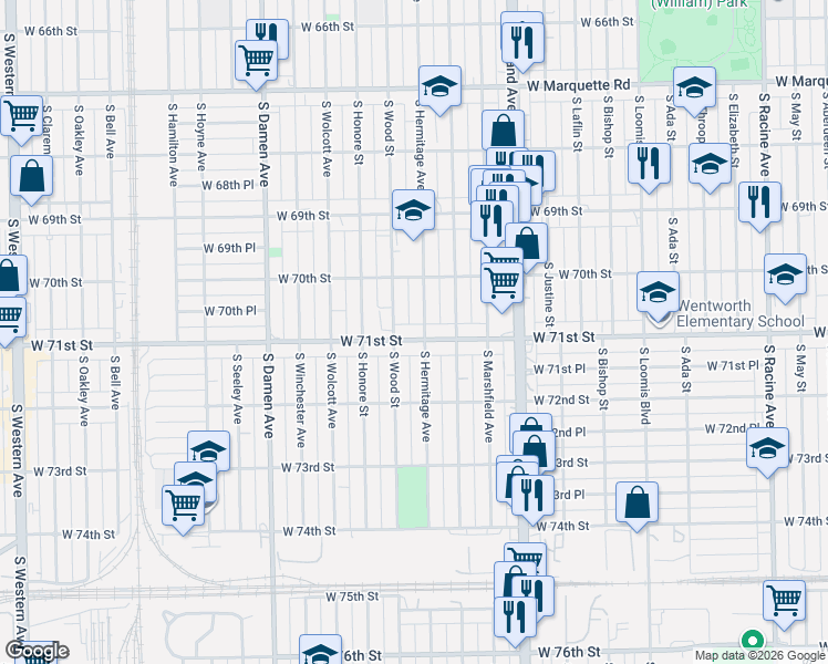map of restaurants, bars, coffee shops, grocery stores, and more near 1737 West 71st Street in Chicago