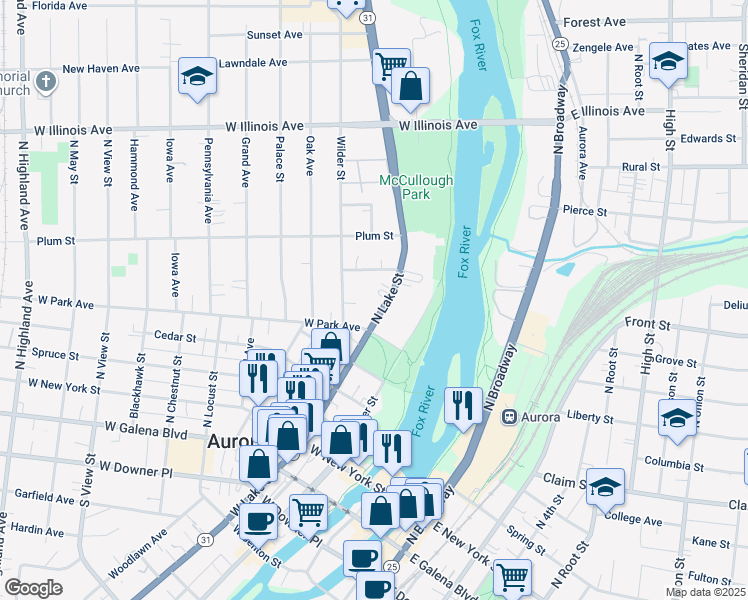 map of restaurants, bars, coffee shops, grocery stores, and more near 412 North Lake Street in Aurora