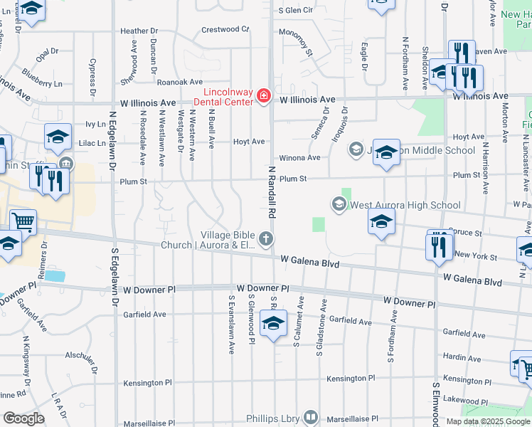 map of restaurants, bars, coffee shops, grocery stores, and more near 118 North Randall Road in Aurora