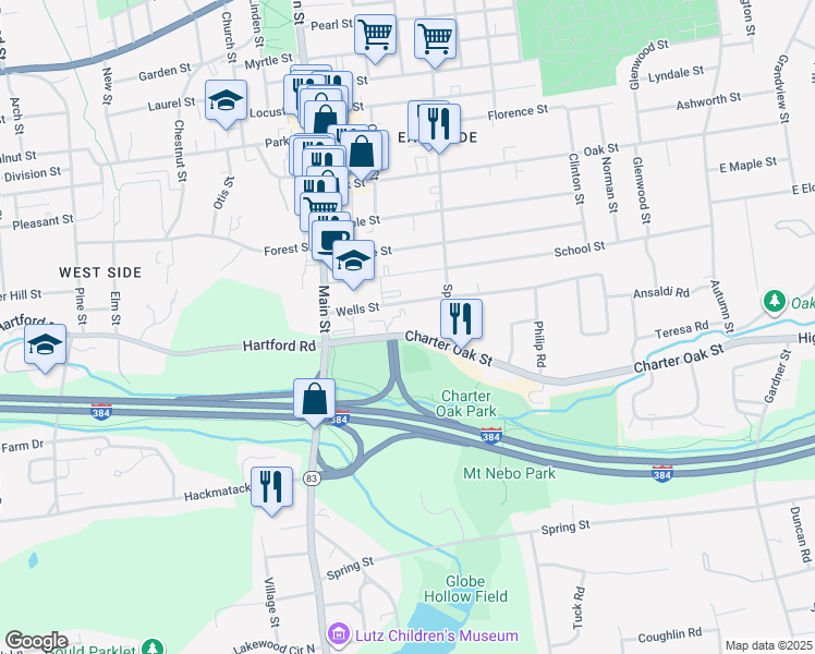 map of restaurants, bars, coffee shops, grocery stores, and more near 61 Charter Oak Street in Manchester