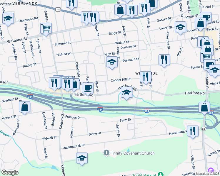 map of restaurants, bars, coffee shops, grocery stores, and more near 316 Hartford Road in Manchester