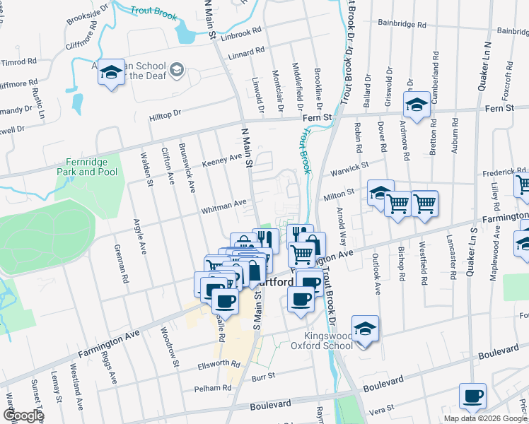 map of restaurants, bars, coffee shops, grocery stores, and more near 35 North Main Street in West Hartford