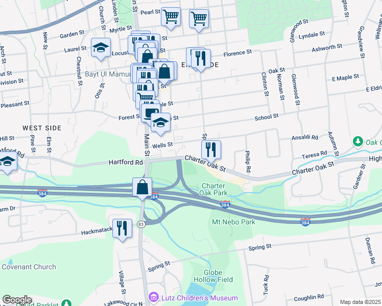 map of restaurants, bars, coffee shops, grocery stores, and more near 73 Charter Oak Street in Manchester