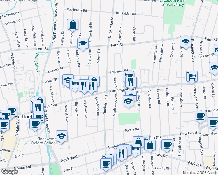 map of restaurants, bars, coffee shops, grocery stores, and more near 804 Farmington Avenue in West Hartford
