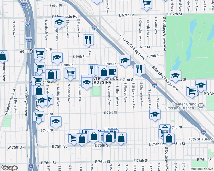 map of restaurants, bars, coffee shops, grocery stores, and more near 7141 South King Drive in Chicago