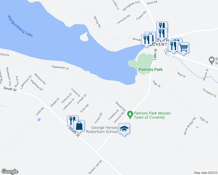 map of restaurants, bars, coffee shops, grocery stores, and more near 316 Shore Drive in Coventry