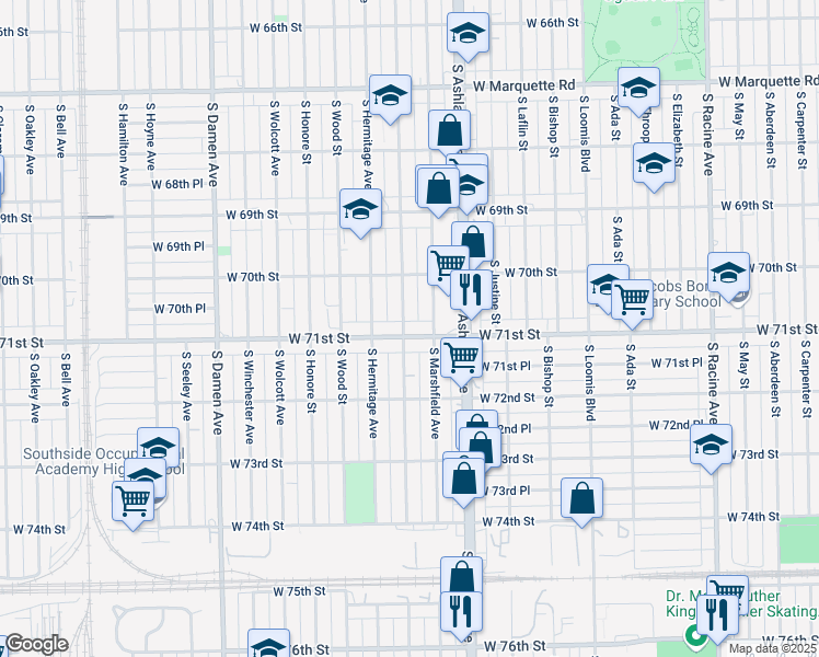 map of restaurants, bars, coffee shops, grocery stores, and more near 1654 West 71st Street in Chicago