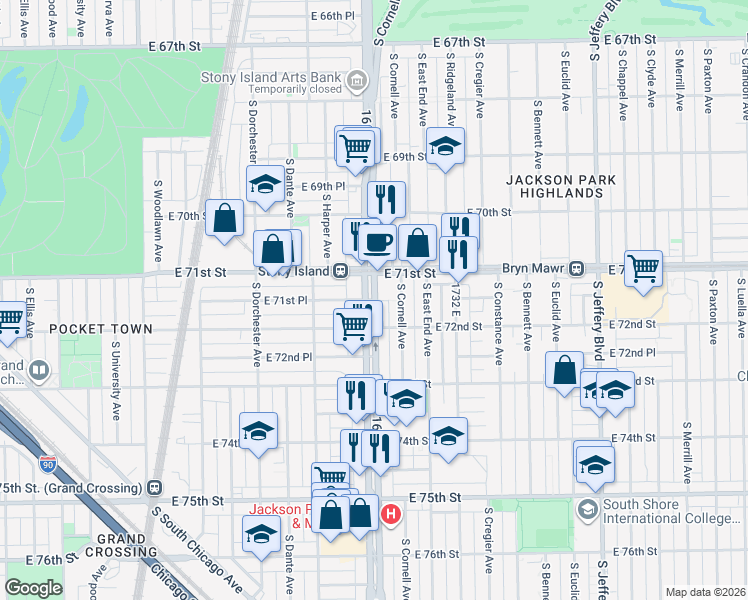 map of restaurants, bars, coffee shops, grocery stores, and more near South Stony Island Avenue & East 71st Place in Chicago