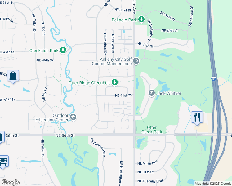 map of restaurants, bars, coffee shops, grocery stores, and more near 927 Northeast 41st Street in Ankeny