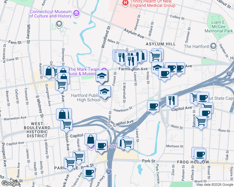 map of restaurants, bars, coffee shops, grocery stores, and more near 50 Forest Street in Hartford