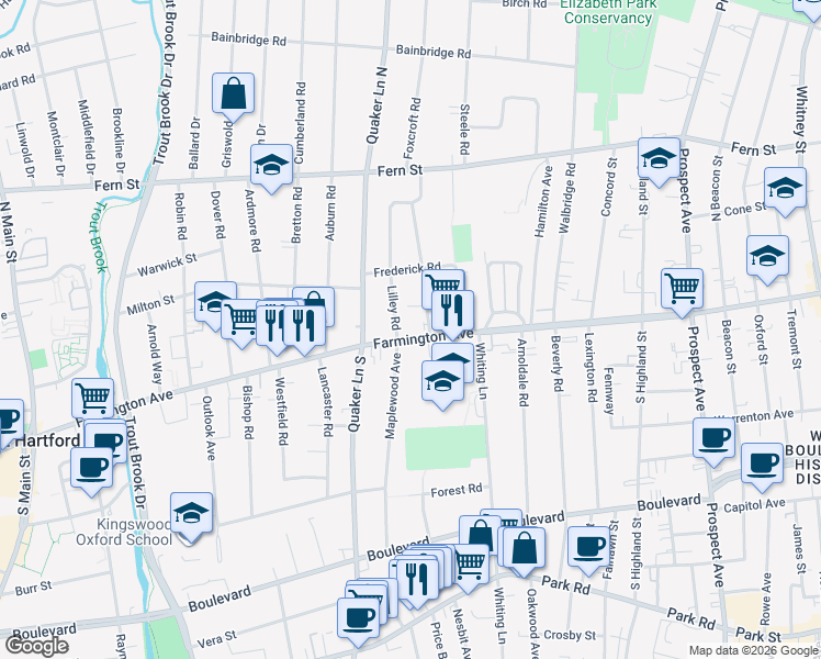 map of restaurants, bars, coffee shops, grocery stores, and more near 787 Farmington Avenue in West Hartford