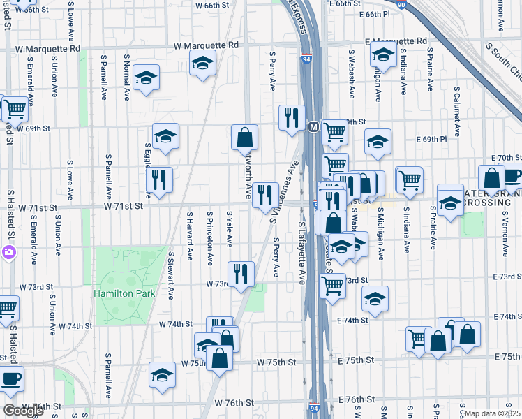map of restaurants, bars, coffee shops, grocery stores, and more near 145 West 71st Street in Chicago