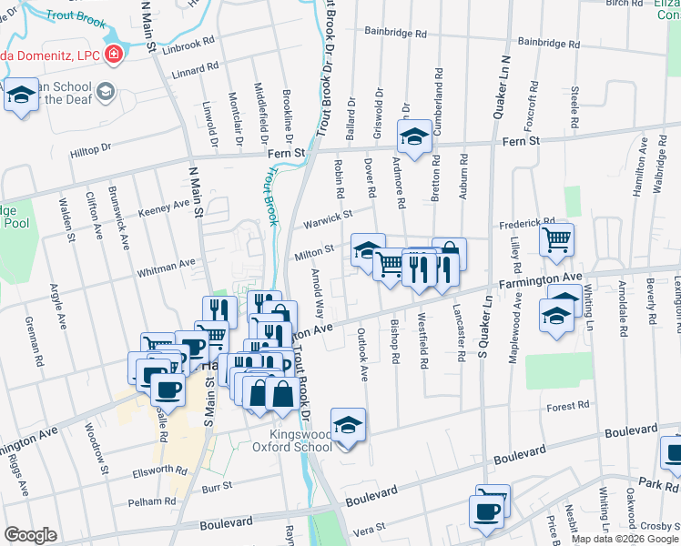 map of restaurants, bars, coffee shops, grocery stores, and more near 29 Robin Road in West Hartford