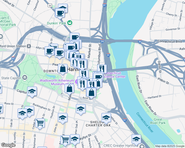 map of restaurants, bars, coffee shops, grocery stores, and more near 2-98 Bob Steele Street in Hartford
