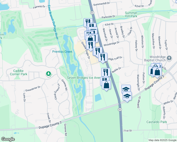 map of restaurants, bars, coffee shops, grocery stores, and more near 6520 Double Eagle Drive in Woodridge