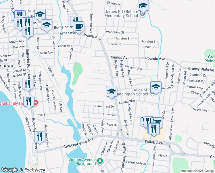 map of restaurants, bars, coffee shops, grocery stores, and more near 14 Lindy Avenue in East Providence