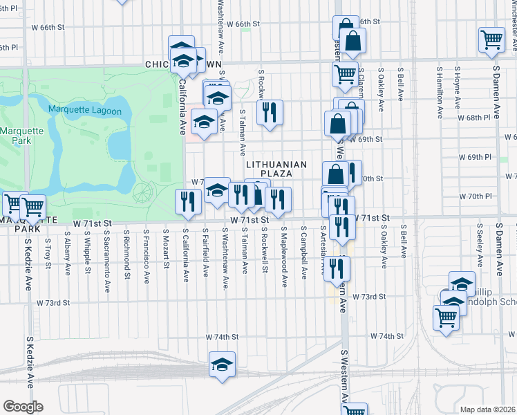 map of restaurants, bars, coffee shops, grocery stores, and more near 2607 West 71st Street in Chicago