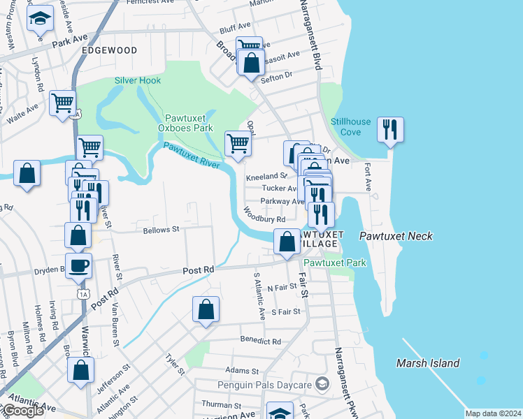map of restaurants, bars, coffee shops, grocery stores, and more near 76 Woodbury Road in Cranston