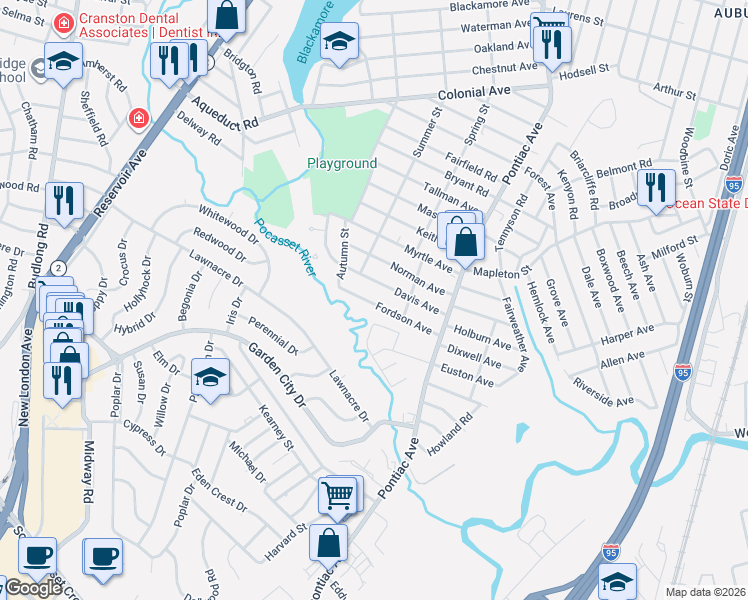 map of restaurants, bars, coffee shops, grocery stores, and more near 88 Fordson Avenue in Cranston