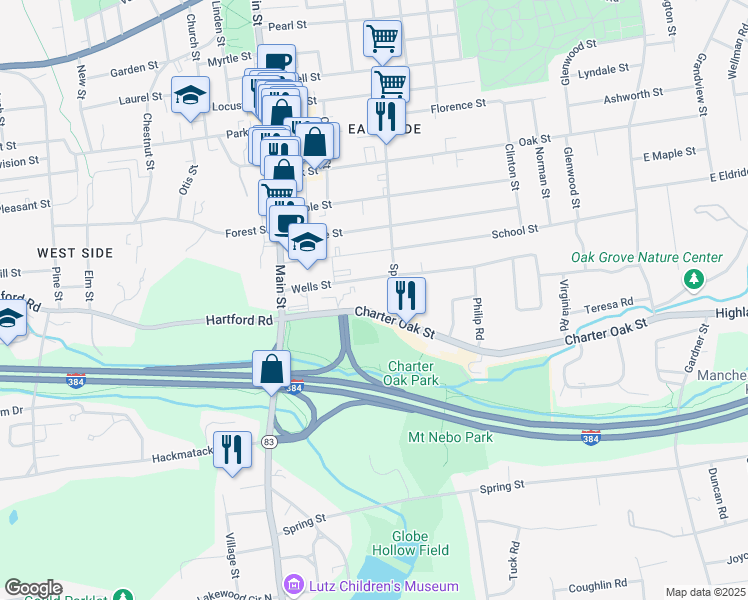 map of restaurants, bars, coffee shops, grocery stores, and more near 98 Charter Oak Street in Manchester
