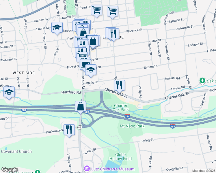 map of restaurants, bars, coffee shops, grocery stores, and more near 57 Charter Oak Street in Manchester