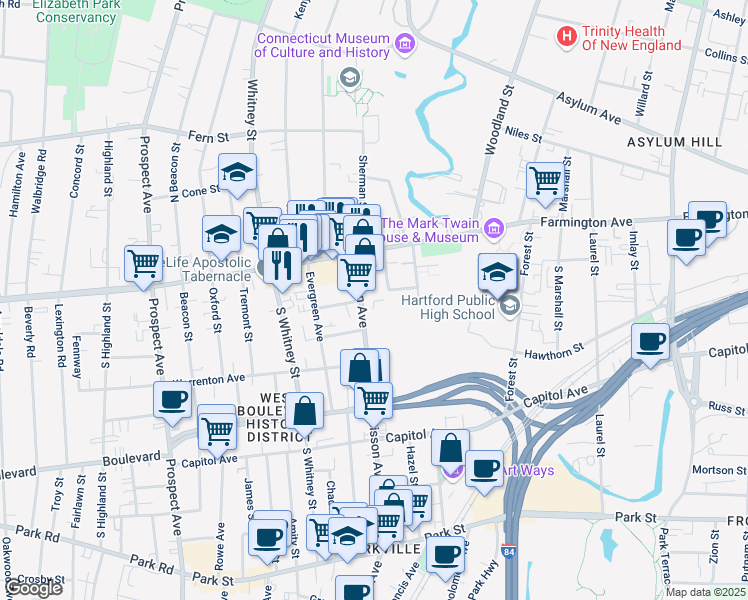 map of restaurants, bars, coffee shops, grocery stores, and more near 170 Sisson Avenue in Hartford