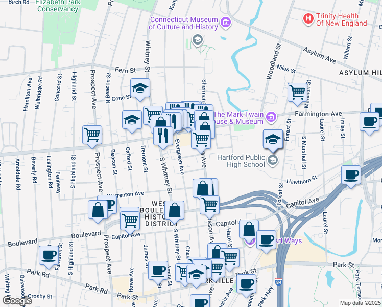 map of restaurants, bars, coffee shops, grocery stores, and more near 22 Gray Street in Hartford