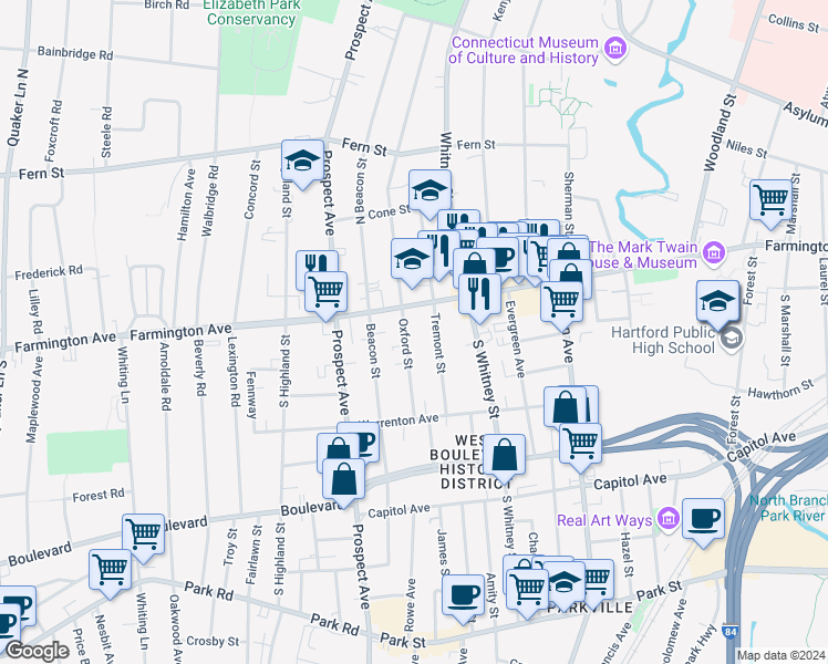 map of restaurants, bars, coffee shops, grocery stores, and more near 63 Tremont Street in Hartford