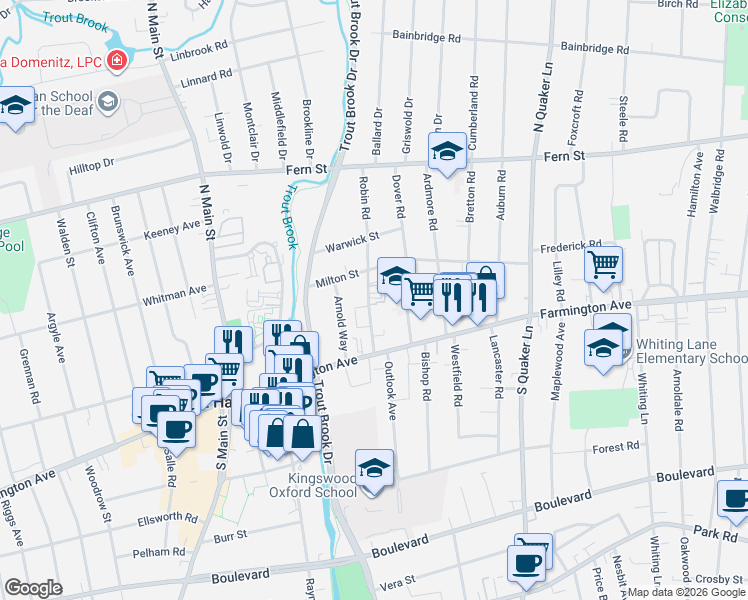 map of restaurants, bars, coffee shops, grocery stores, and more near 26 Robin Road in West Hartford